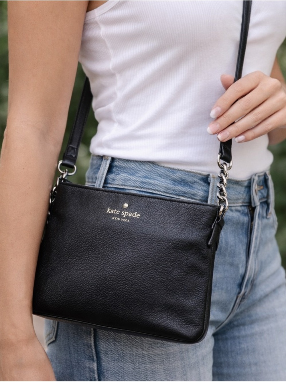 Kate Spade rare white gold crossbody black soft pebble leather bag WG links - Picture 9 of 9